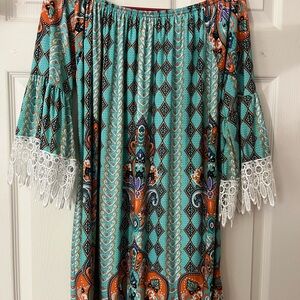 Vibrant Teal and Orange Off-Shoulder Midi Dress